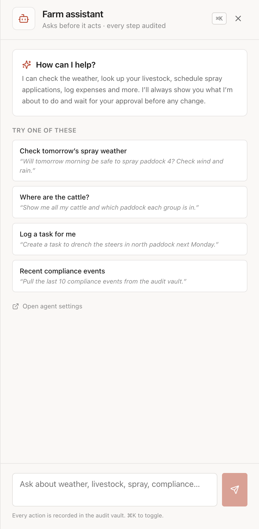 Farm Assistant — AI chat interface with suggested prompts like "Check tomorrow's spray weather" and "Where are the cattle?"