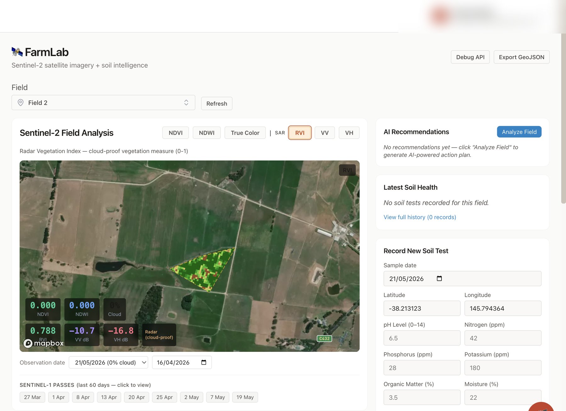 FarmLab — Sentinel-2 satellite imagery overlaid on a paddock with NDVI, NDWI and radar vegetation index readings