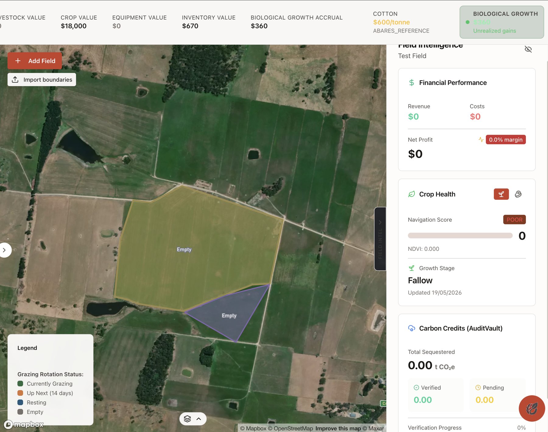 RedEarthOne Field Intelligence dashboard — Mapbox satellite view of two paddocks with real-time biological growth, financial performance, crop health and carbon credit indicators in the side panel